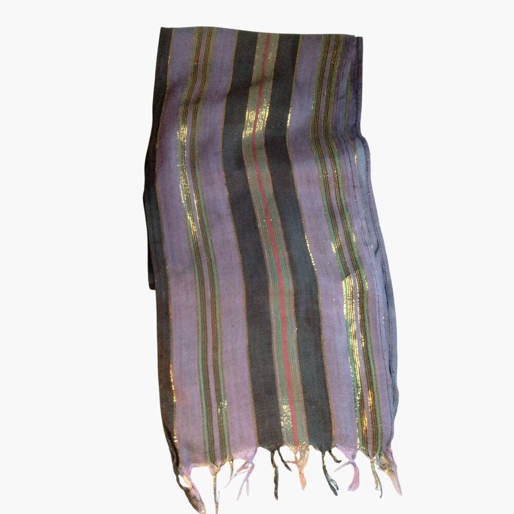 Purple Black Striped Scarf Handwoven Gold Accents  Fringe Boho festival